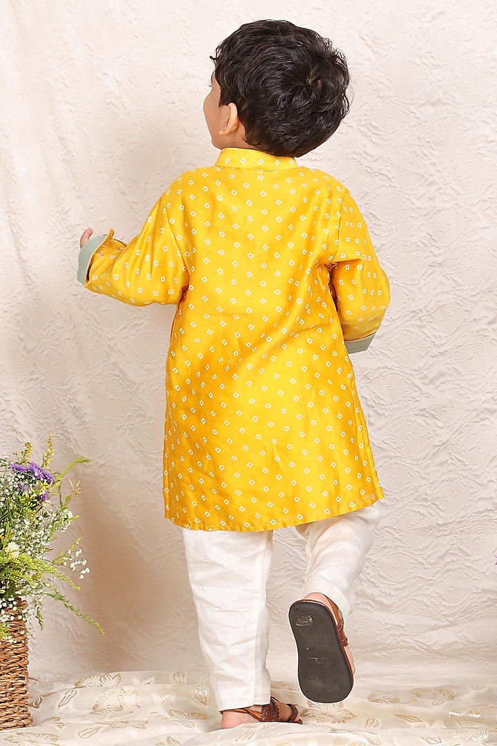 Mustard Yellow Chanderi Pintuck Kurta Set For Boys by P & S Co at Pernia's Pop Up Shop