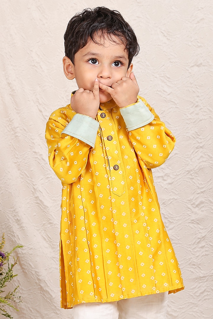 Mustard Yellow Chanderi Pintuck Kurta Set For Boys by P & S Co at Pernia's Pop Up Shop