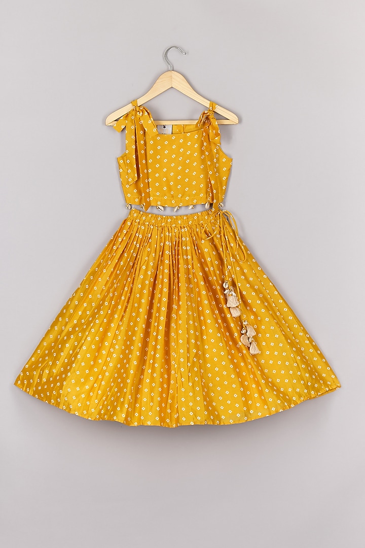 Yellow Chanderi Bandhej Printed Lehenga Set For Girls by P & S Co at Pernia's Pop Up Shop