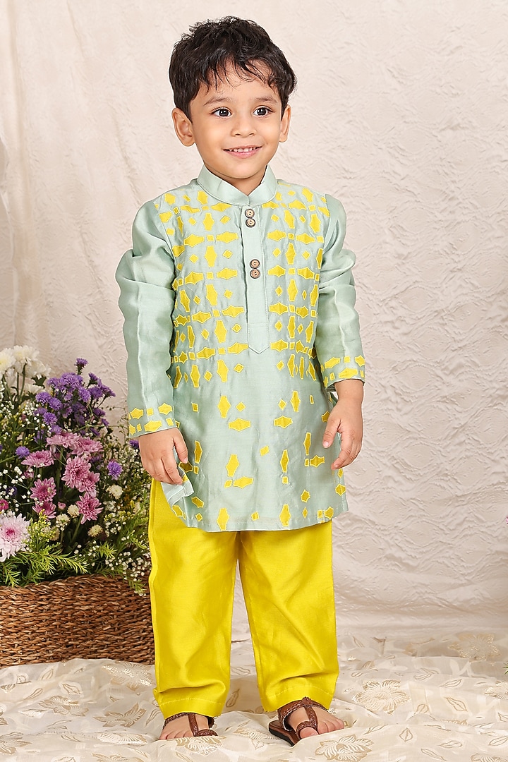Mint Chanderi Applique Embroidered Kurta Set For Boys by P & S Co at Pernia's Pop Up Shop