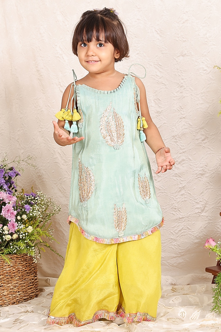 Lime Green Silk Tissue Boota Embroidered Sharara Set For Girls by P & S Co at Pernia's Pop Up Shop