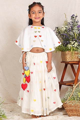 Off-White Organza Embroidered Lehenga Set For Girls by P & S Co