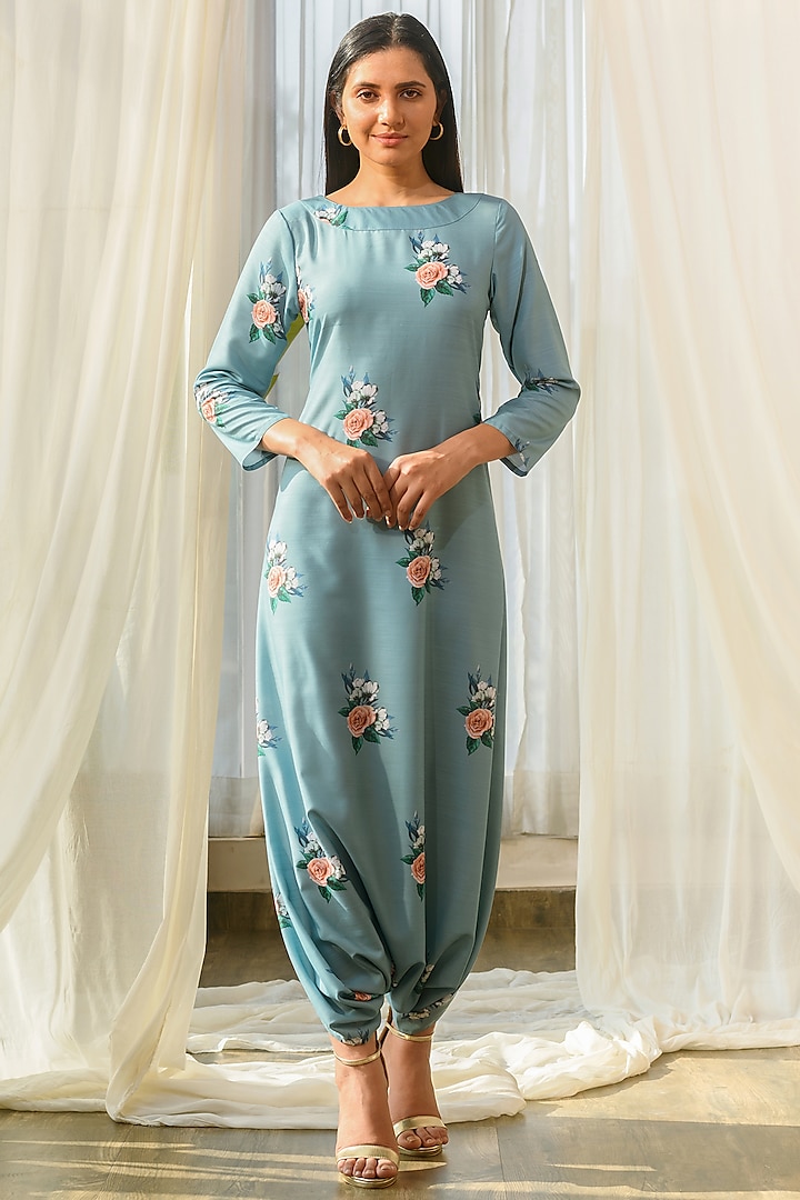 Teal Green Linen Indowestern Dhoti Jumpsuit by Pasha at Pernia's Pop Up Shop