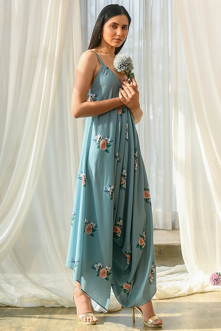 Teal Green Linen Indowestern Palazzo Jumpsuit by Pasha at Pernia's Pop Up Shop