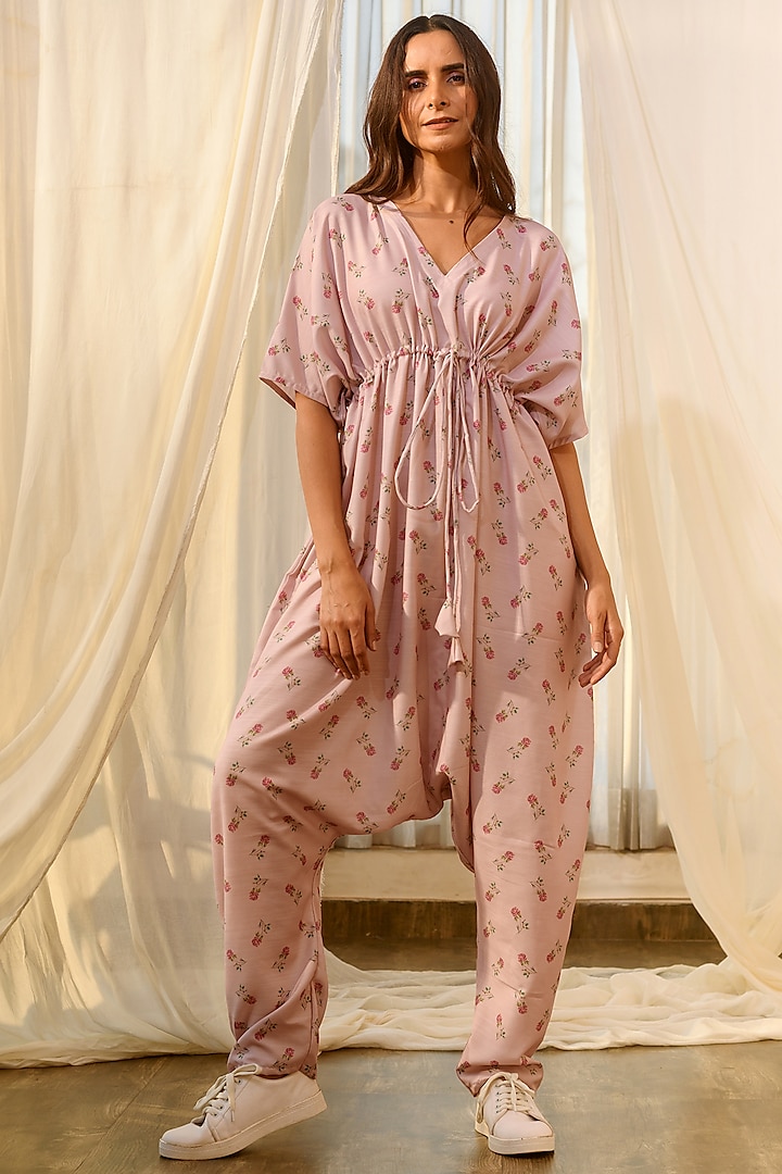 Rosey Pink Linen Kimono Dhoti Jumpsuit by Pasha