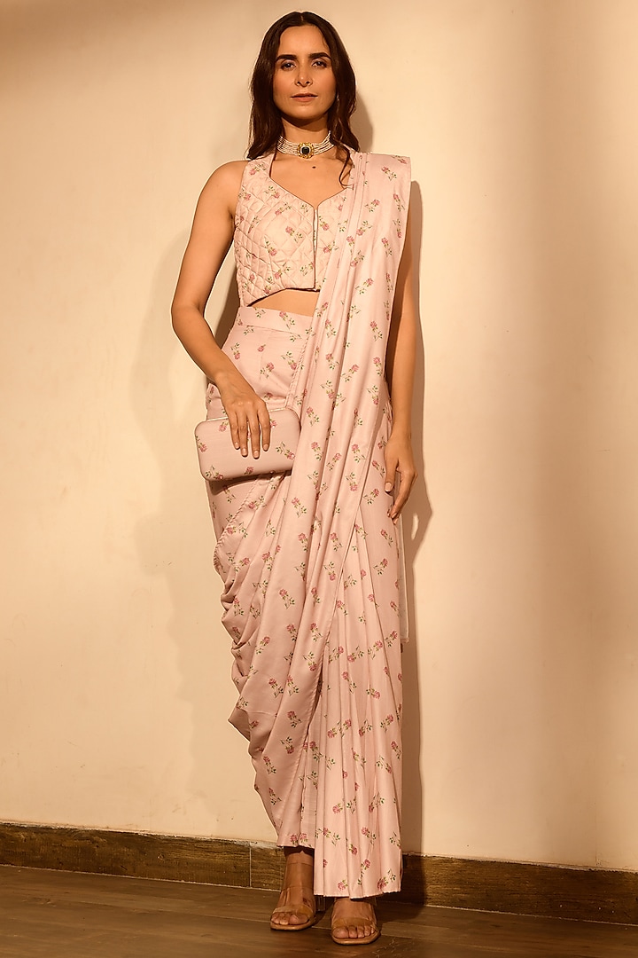 Rosy Pink Linen Printed Draped Pant Saree Set by Pasha