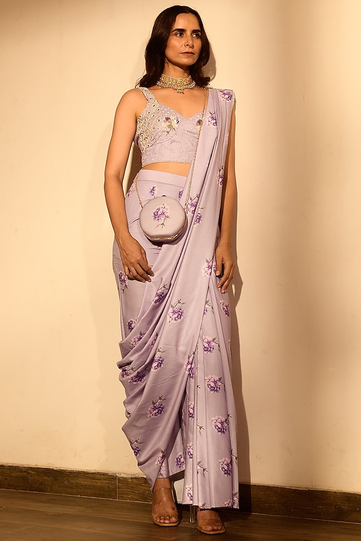 Lilac Linen Draped Pant Saree Set by Pasha