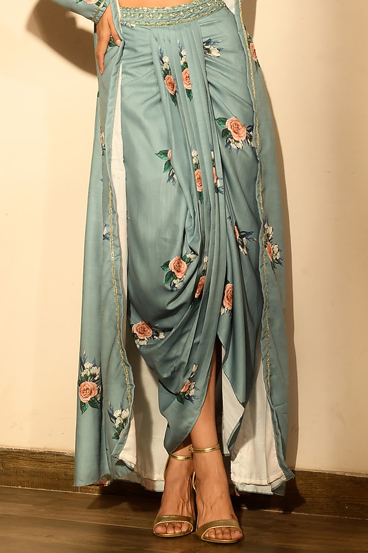 Teal Green Linen Draped Lungi Skirt Set by Pasha at Pernia's Pop Up Shop