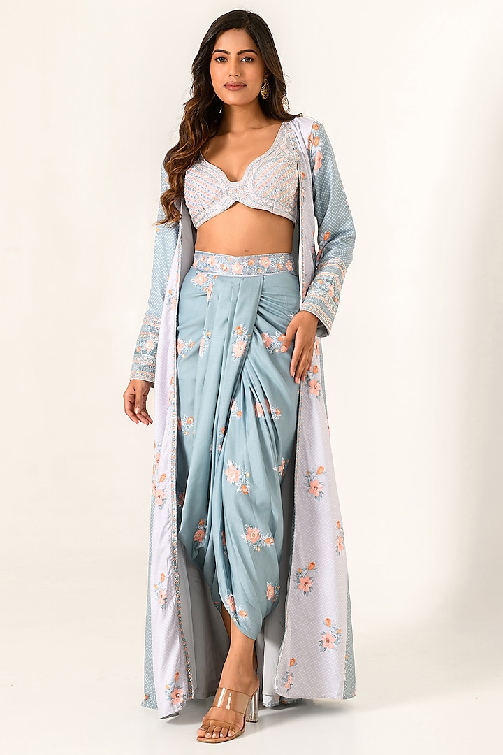 Aqua Blue Cotton Rayon Draped Lungi Skirt Set by Pasha