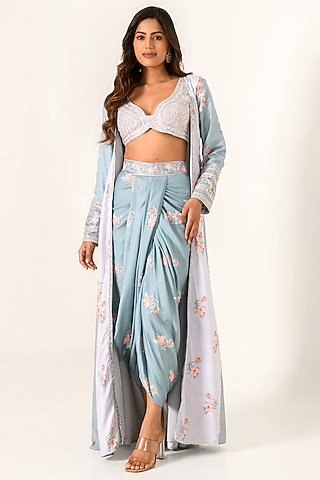 Aqua Blue Cotton Rayon Draped Lungi Skirt Set by Pasha