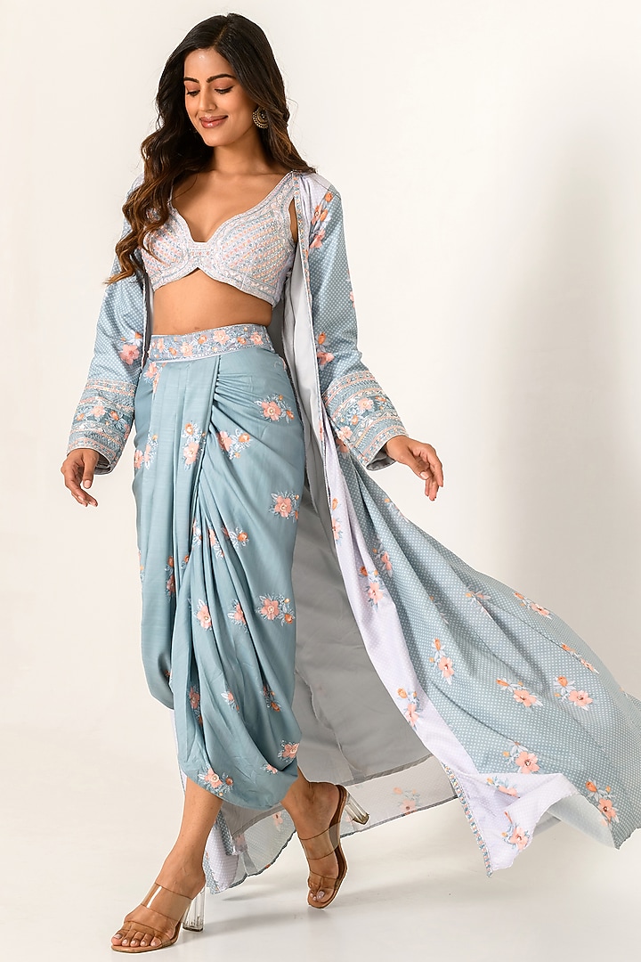 Aqua Blue Cotton Rayon Draped Lungi Skirt Set by Pasha at Pernia's Pop Up Shop