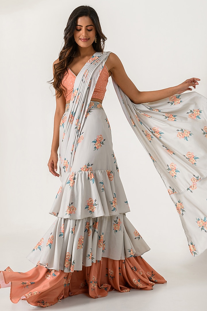 Pista Green Cotton Rayon Ruffled Party Wear Saree Set by Pasha at Pernia's Pop Up Shop
