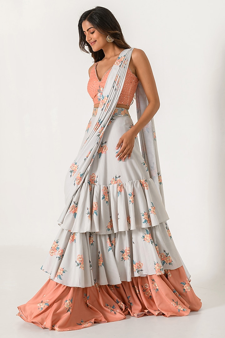 Pista Green Cotton Rayon Ruffled Party Wear Saree Set by Pasha at Pernia's Pop Up Shop