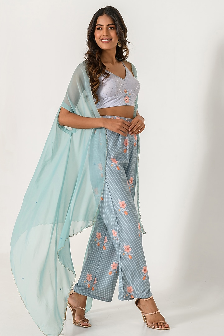 Aqua Green Cotton Rayon Embroidered Cape Set by Pasha at Pernia's Pop Up Shop