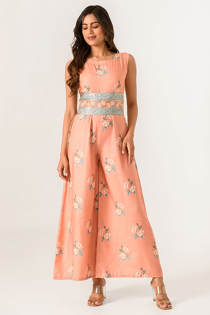 Scarlet Orange Cotton Rayon Embroidered Jumpsuit by Pasha at Pernia's Pop Up Shop