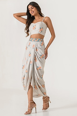 Pista Green Cotton Rayon Draped Lungi Skirt Set by Pasha