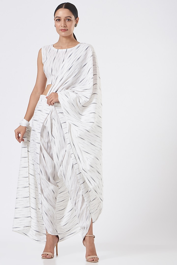 White Cotton Dhoti Saree Set by Pasha