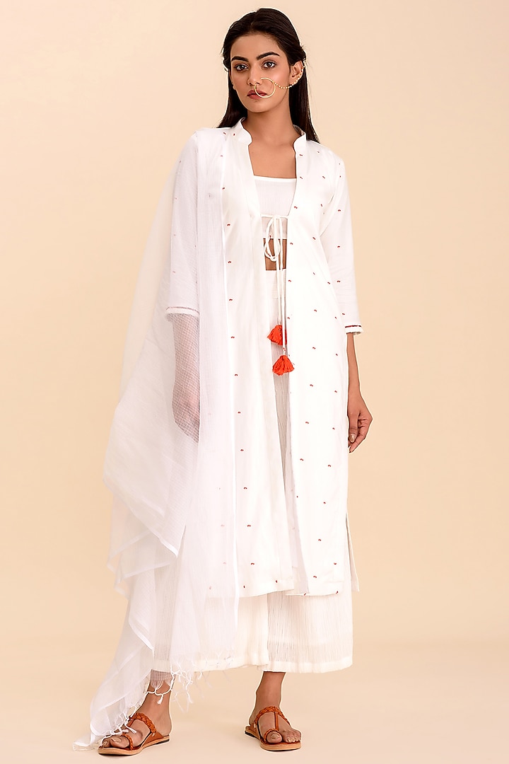 White Crop Top With Cape, Pants, & Dupatta by Pasha