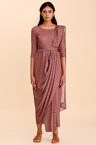 Plum Pre-Draped Saree With Belt by Pasha