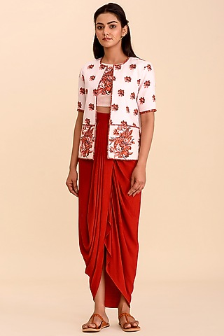 Cherry Red & Pink Lungi Skirt Set by Pasha