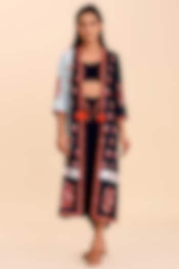 Navy Blue Textured Skirt Set With Patch Work by Pasha at Pernia's Pop Up Shop