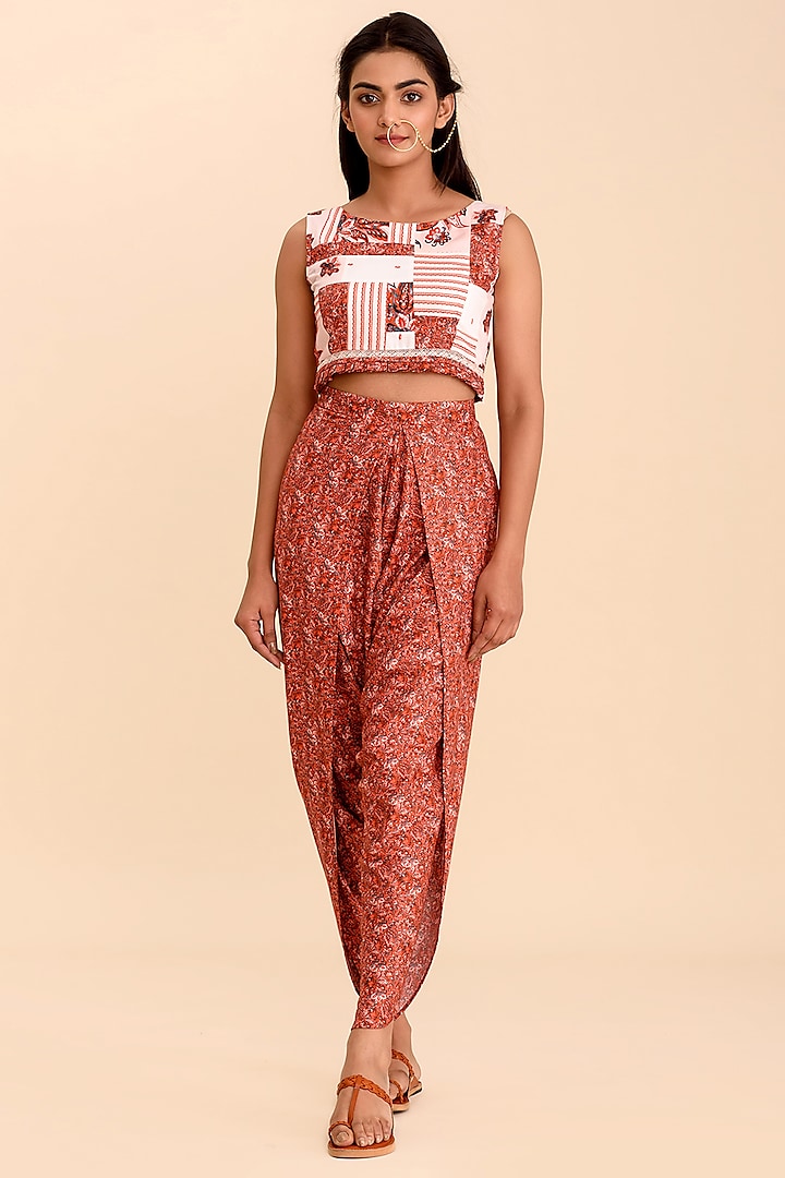 Red Crop Top With Printed Dhoti Pants by Pasha