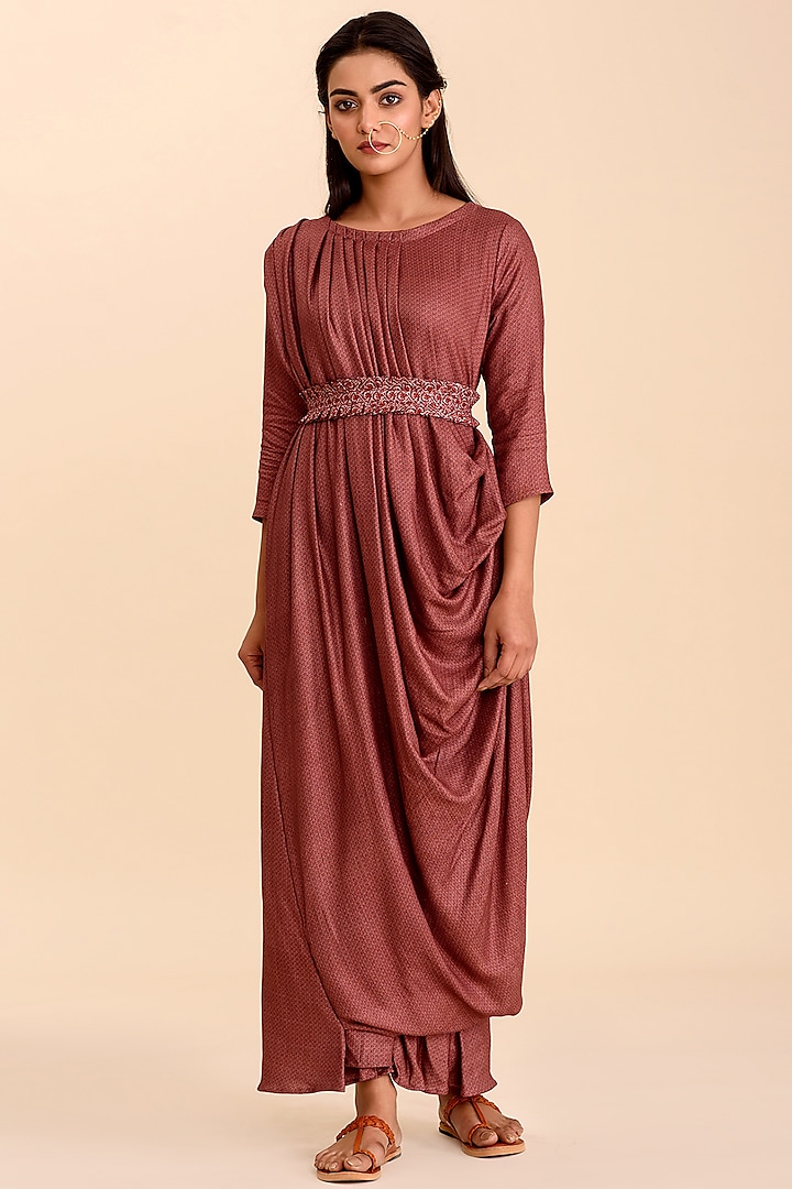 Plum Draped Gown Saree With Belt by Pasha at Pernia's Pop Up Shop