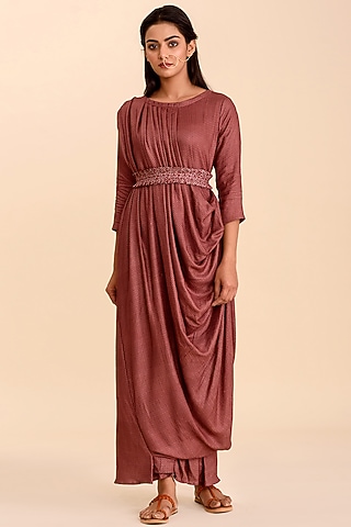 Plum Draped Gown Saree With Belt by Pasha