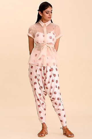 Powder Pink Printed Dhoti Pants Set by Pasha