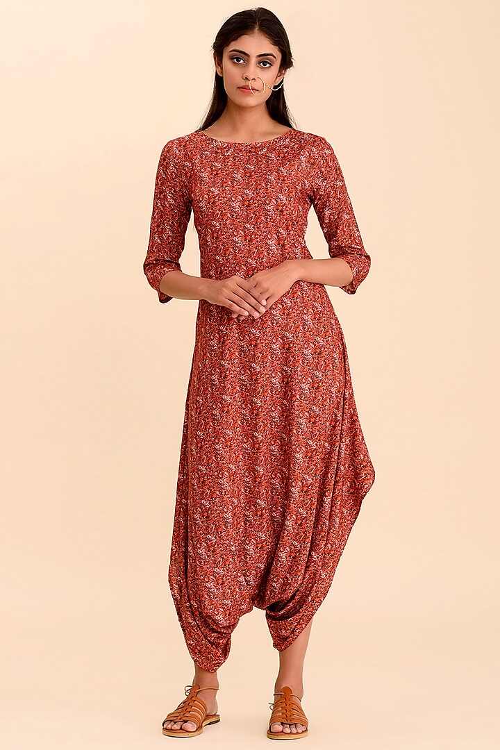 Red Printed Dhoti Jumpsuit by Pasha