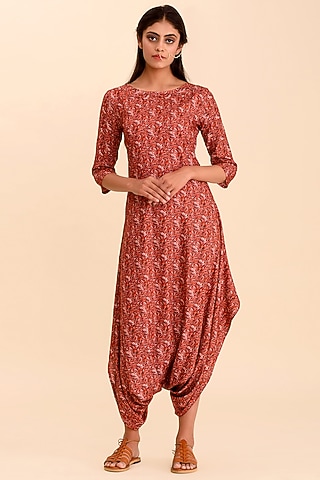 Red Printed Dhoti Jumpsuit by Pasha