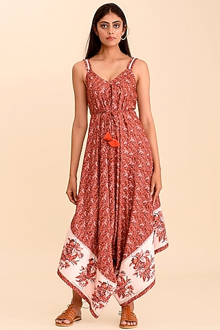 Red Printed Strappy Jumpsuit by Pasha