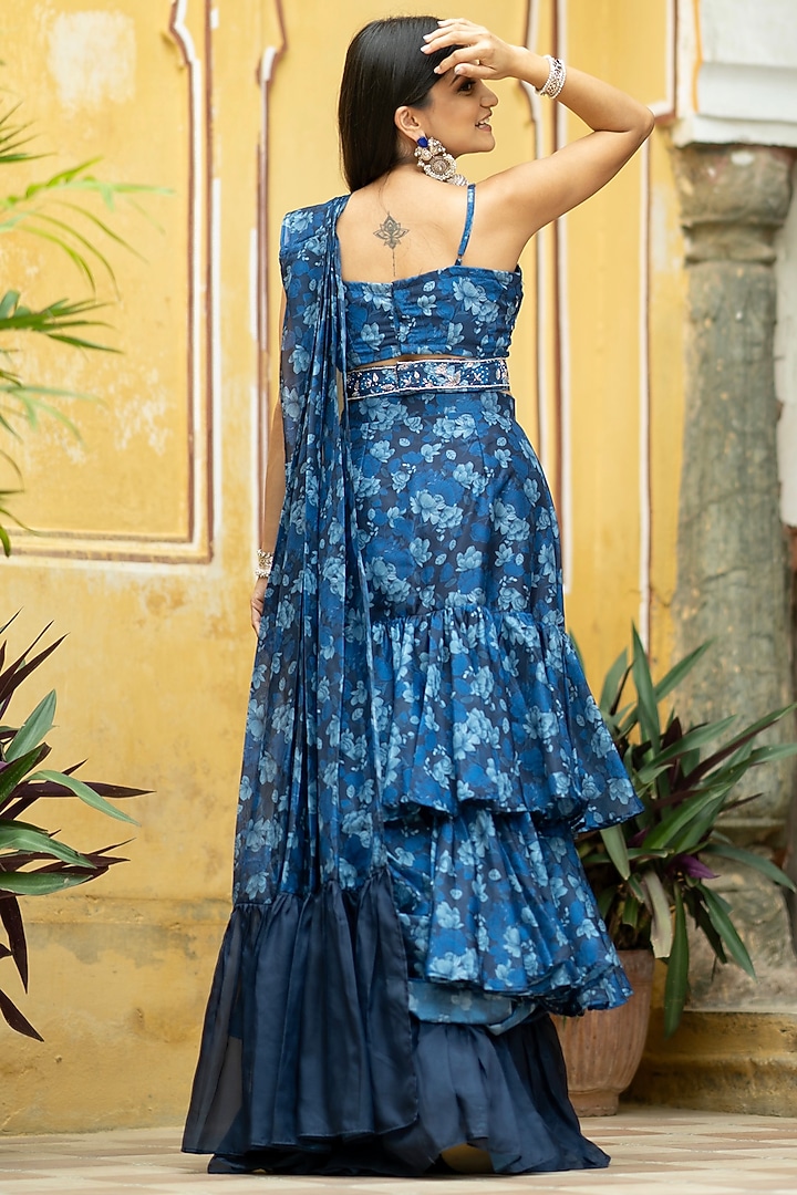 Midnight Blue Soft Organza Pre-Pleated Ruffled Party Wear Saree Set by Pasha at Pernia's Pop Up Shop