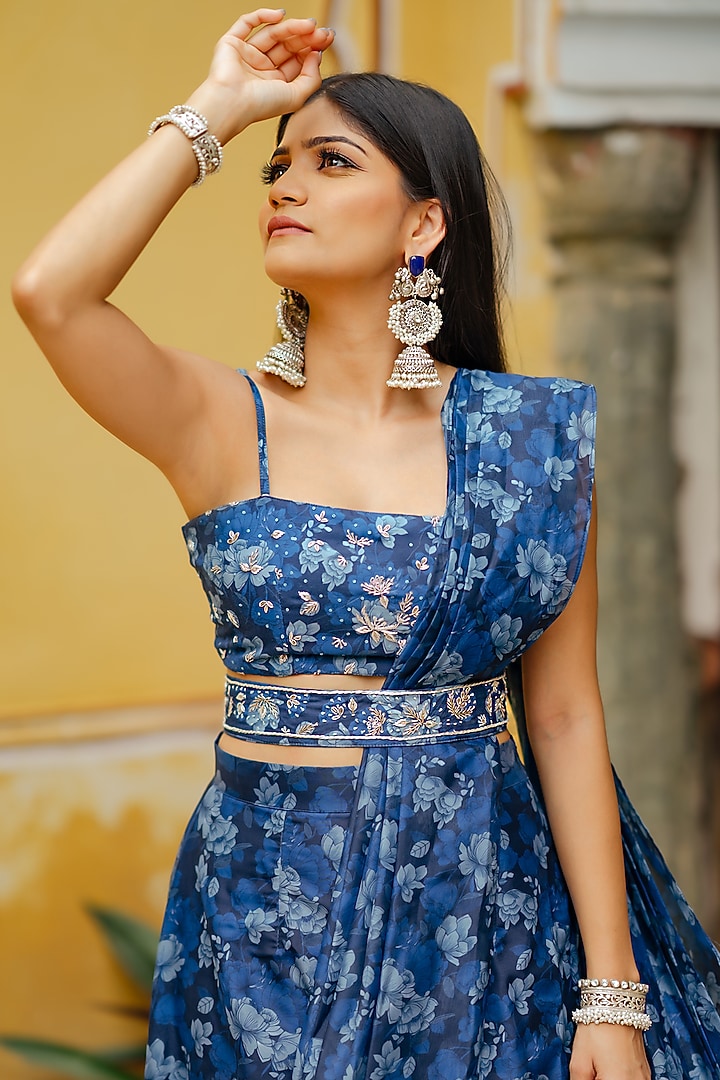 Midnight Blue Soft Organza Pre-Pleated Ruffled Party Wear Saree Set by Pasha at Pernia's Pop Up Shop