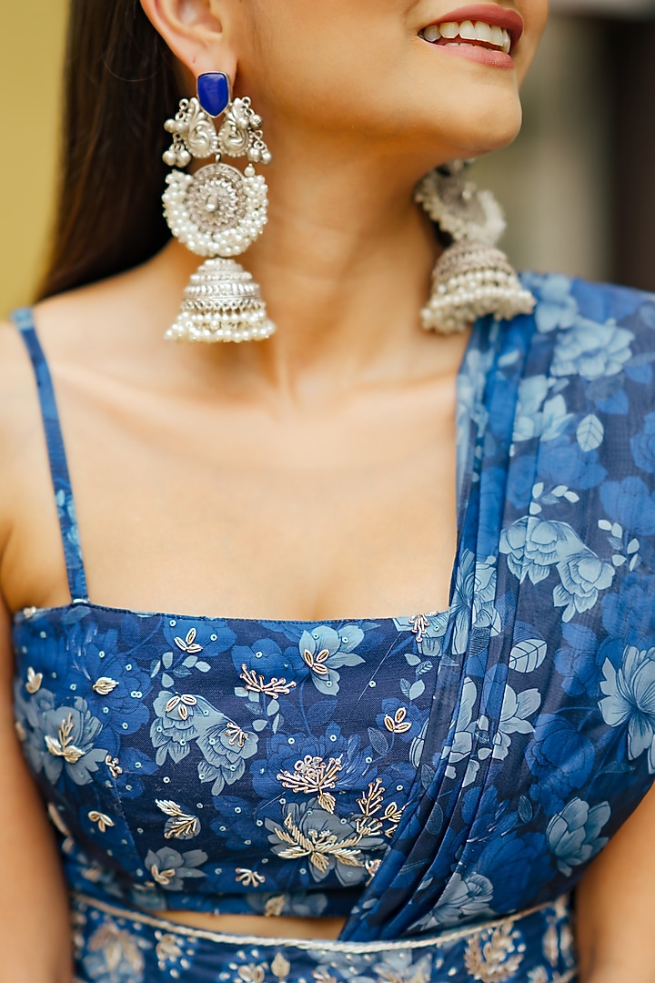 Midnight Blue Soft Organza Pre-Pleated Ruffled Party Wear Saree Set by Pasha at Pernia's Pop Up Shop