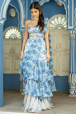 Seashell Cream & Blue Soft Organza Pre-Pleated Ruffled Saree Set by Pasha
