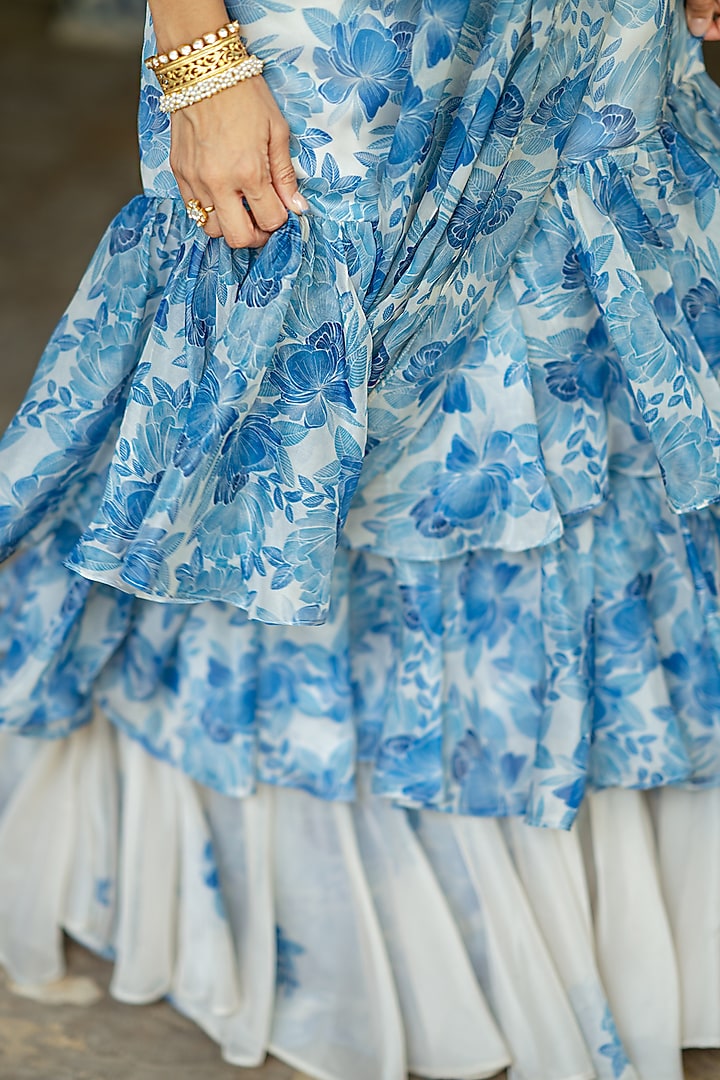 Seashell Cream & Blue Soft Organza Pre-Pleated Ruffled Party Wear Saree Set by Pasha at Pernia's Pop Up Shop