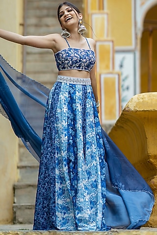 Cream & Blue Organza Floral Lehenga Set by Pasha