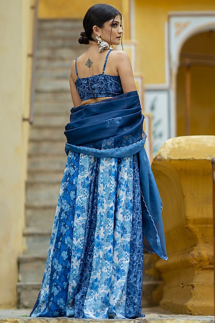 Cream & Blue Organza Floral Lehenga Set by Pasha at Pernia's Pop Up Shop