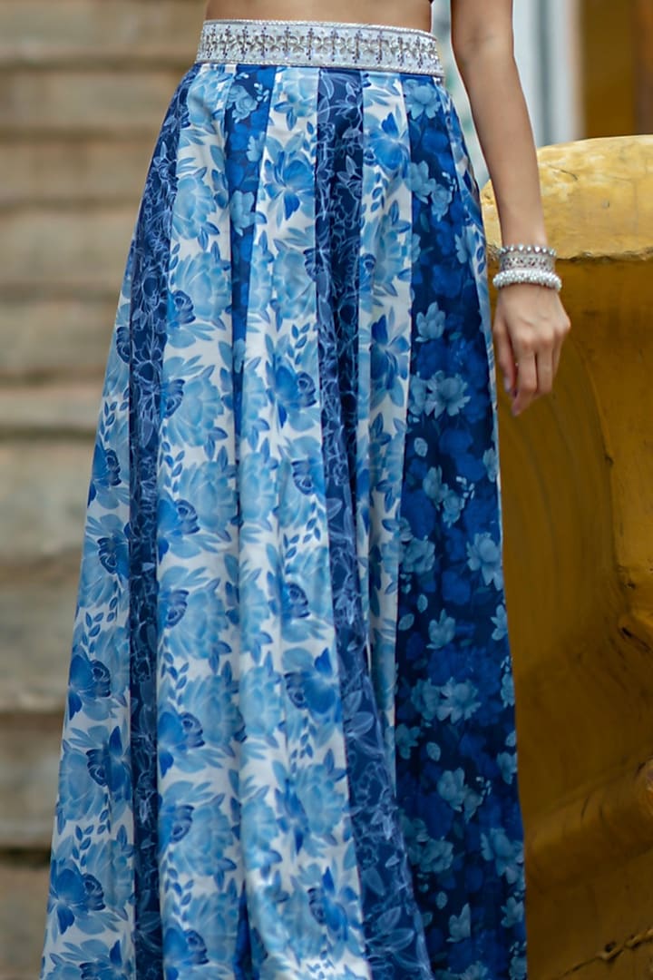 Cream & Blue Organza Floral Lehenga Set by Pasha at Pernia's Pop Up Shop