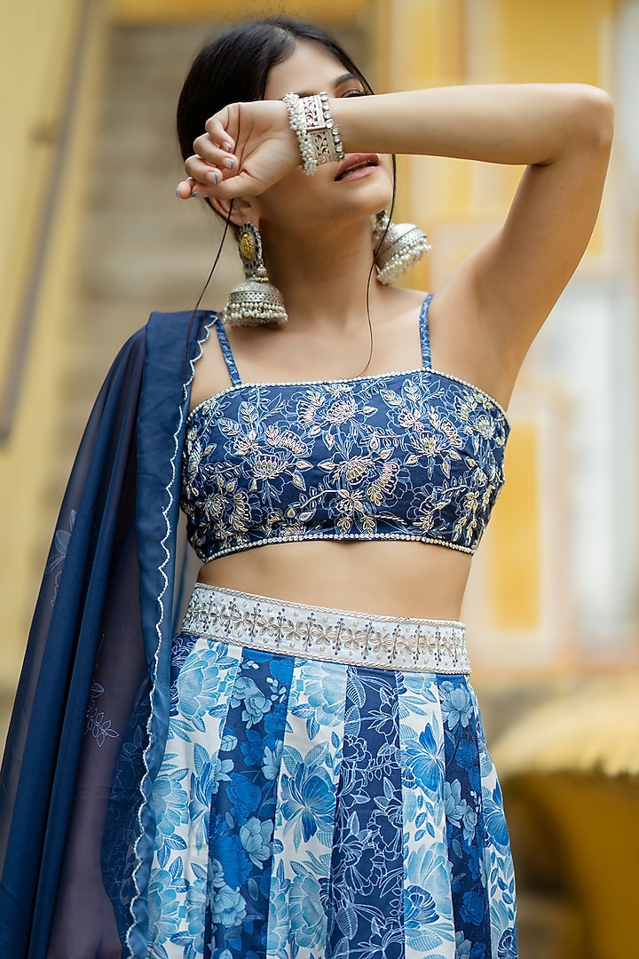 Cream & Blue Organza Floral Lehenga Set by Pasha at Pernia's Pop Up Shop
