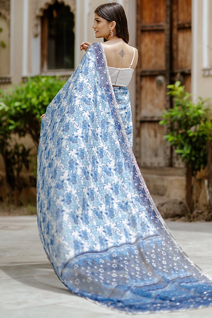 Blue Organza Zari Embroidered Party Wear Saree Set by Pasha at Pernia's Pop Up Shop