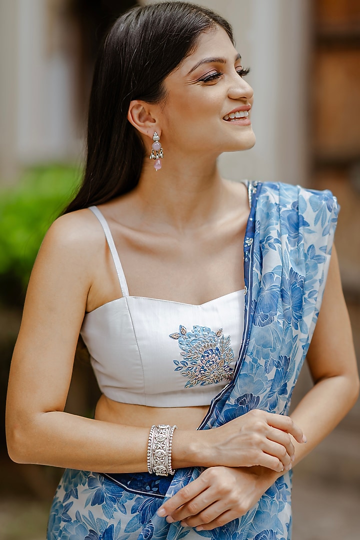 Blue Organza Zari Embroidered Party Wear Saree Set by Pasha at Pernia's Pop Up Shop