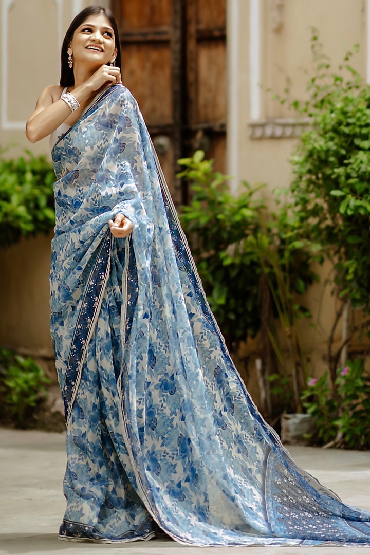 Blue Organza Zari Embroidered Party Wear Saree Set by Pasha at Pernia's Pop Up Shop