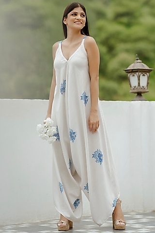 Seashell Cream Cotton Rayon Motifs Embroidered Jumpsuit by Pasha