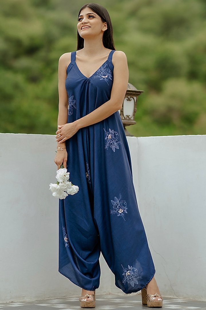 Blue Cotton Rayon Motifs Embroidered Jumpsuit by Pasha