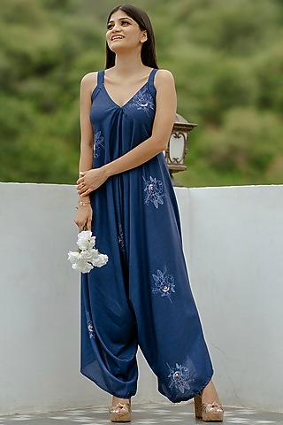 Blue Cotton Rayon Motifs Embroidered Jumpsuit by Pasha