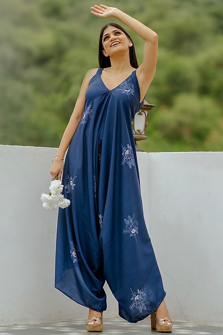 Blue Cotton Rayon Motifs Embroidered Jumpsuit by Pasha at Pernia's Pop Up Shop