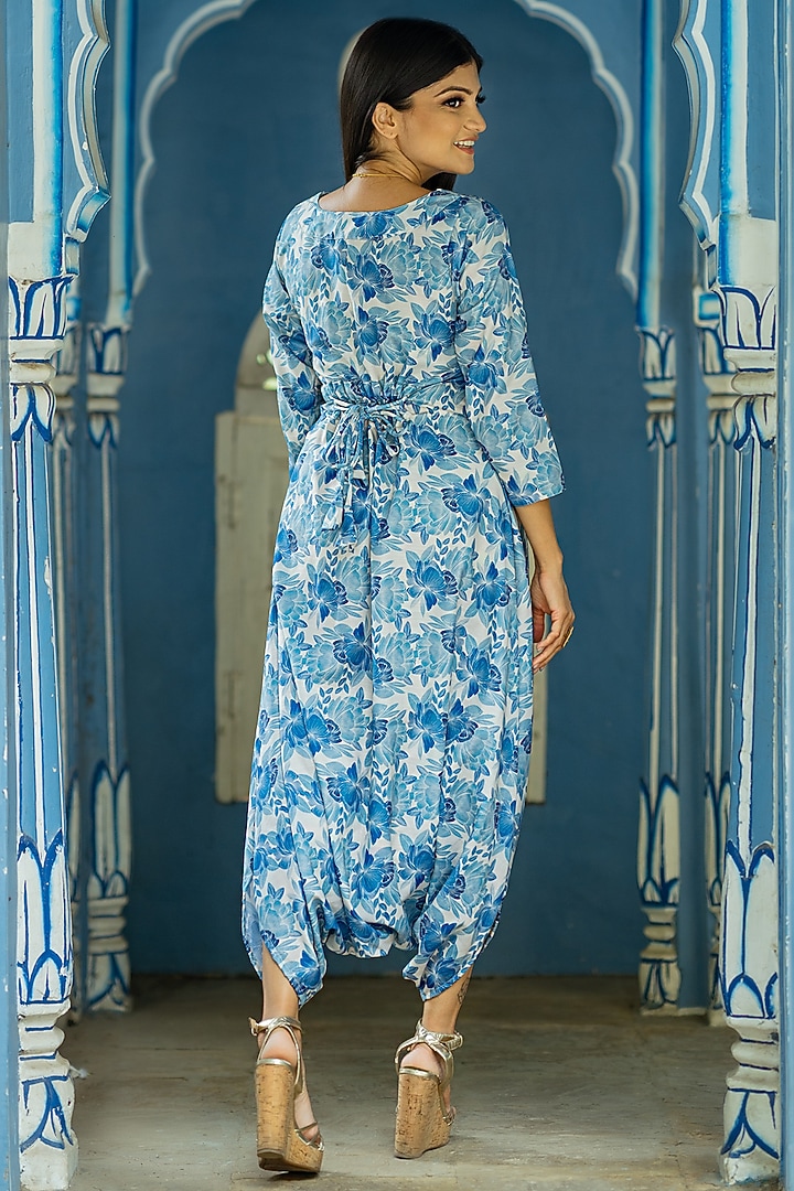 Seashell Cream & Blue Cotton Rayon Zari Embroidered Jumpsuit by Pasha at Pernia's Pop Up Shop
