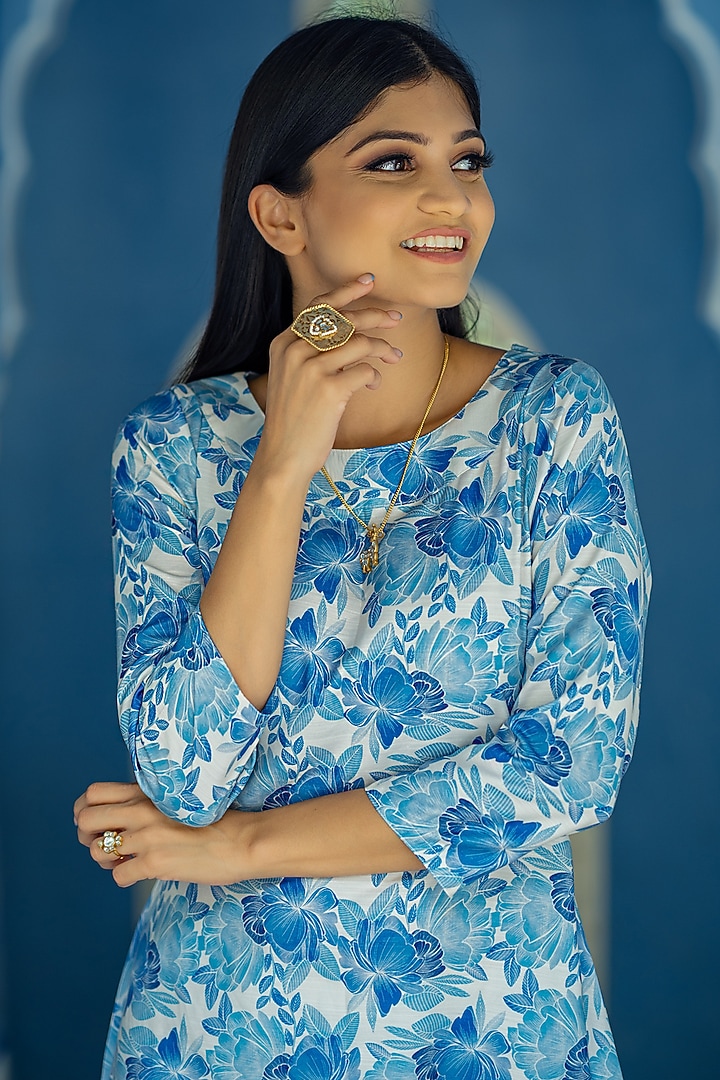 Seashell Cream & Blue Cotton Rayon Zari Embroidered Jumpsuit by Pasha at Pernia's Pop Up Shop